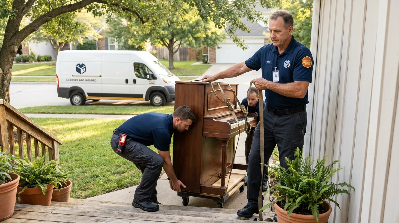 Licensed piano movers securing grand piano in Tuscola, IL