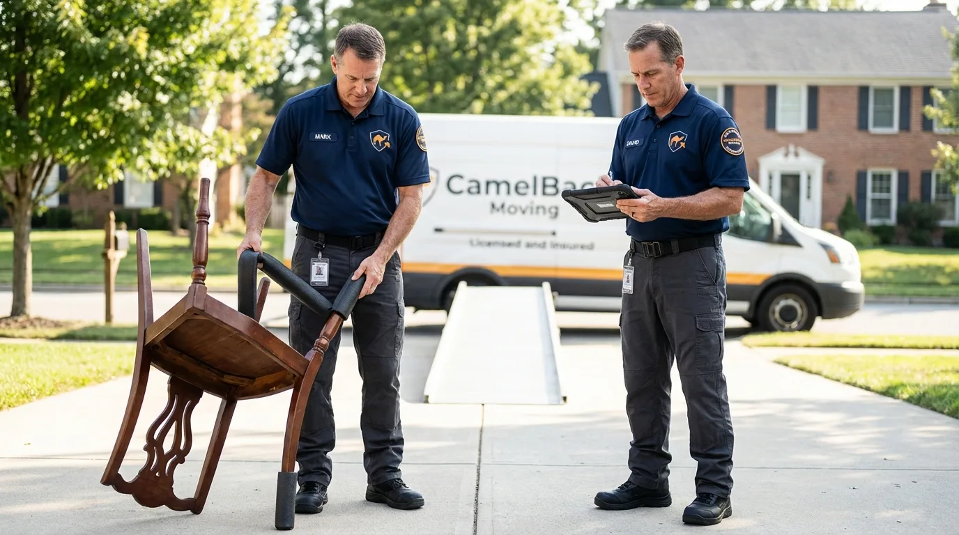 Movers inspecting furniture for damage prevention before loading in Tuscola, IL