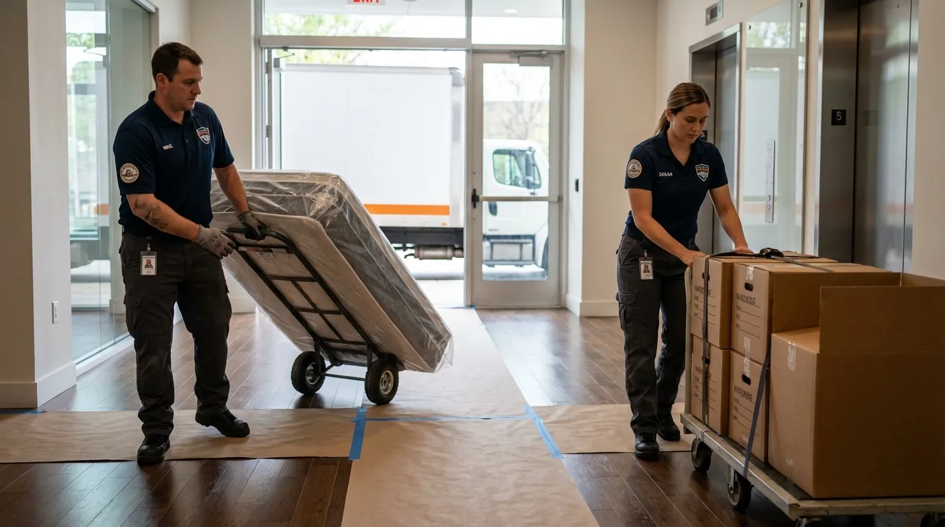 Professional apartment movers loading elevator in Tuscola, IL