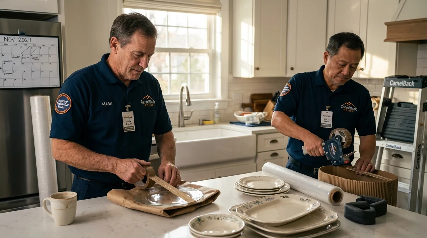 Professional crew packing kitchen dishware in Tuscola, IL